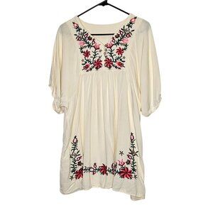 Boho Cream Tunic Blouse Floral Embroidery Lightweight Bohemian Womens Top‎ L